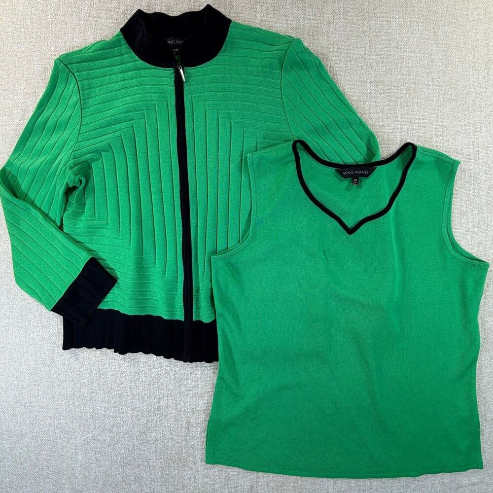 Ming Wang Womens Medium Green Black Tank Shell Cropped Jacket Two Piece Knit Set